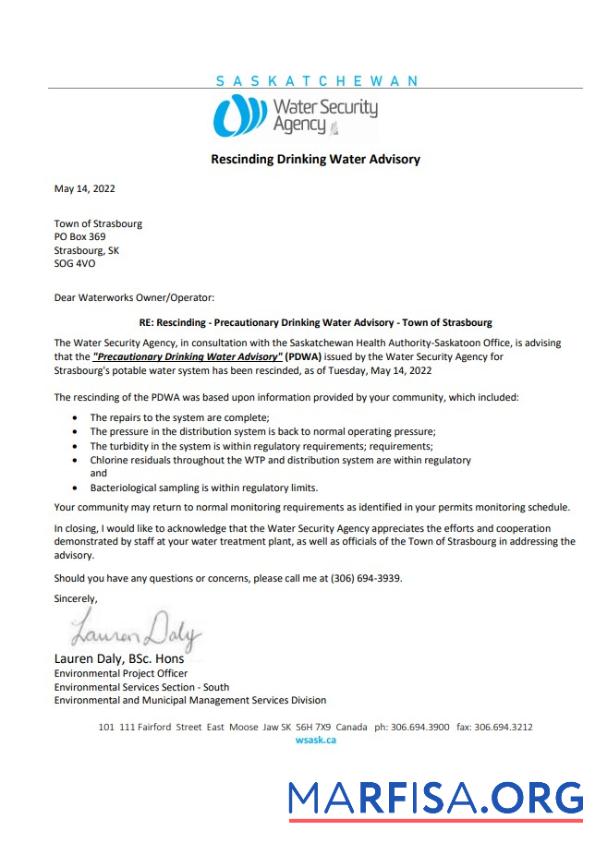 Realistic Canada Saskatchewan Strasbourg Water Security Agency water utility shut off notice template